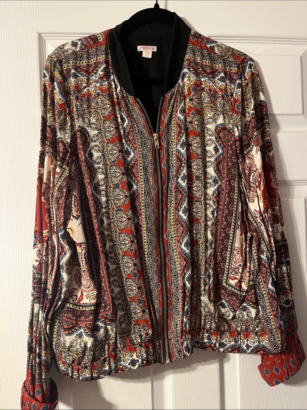 Xhilaration Red Multi Paisley Zip-Front Bomber Jacket